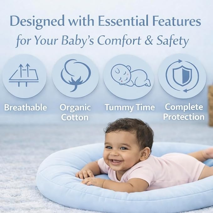 Aila + Aiden Baby Lounger | Organic Cotton Infant Lounger | Adjustable & Portable Floor Lounger | Supervised Use | Soft, Breathable, Washable Cover - Snuggle Collection - (Blue)
