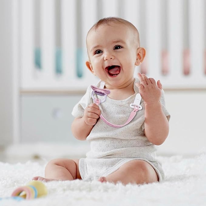 One Piece Design Silicone Pacifier Clip Holder for Baby Boys and Girls,Pack of 4 Flexible Paci Leash,Binky Clips,Newborn Essentials (Sun & Cloud & Rainbow, Pink)