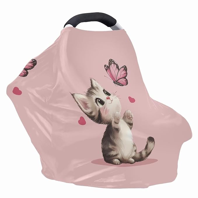 AFPANQZ Cute Cat Baby Car Seat Covers for Girls Boys All Weather Multifunctional Infant Car Seat Canopy Nursing Breastfeeding Scarf Shield Breathable Stretchy 360 Coverage for Babies