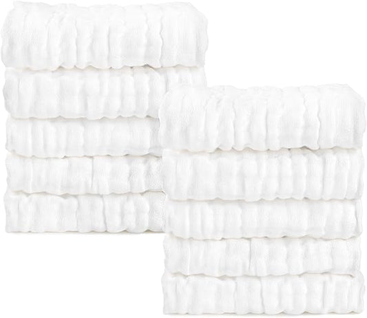 AIDEA Baby Washcloths and Burp Cloths, Absorbent Cotton Muslin Baby Towels, Large Soft Breathable Newborn Essentials for Boys and Girls, Newborn Essentials, White-10 Pack, 10"x10"