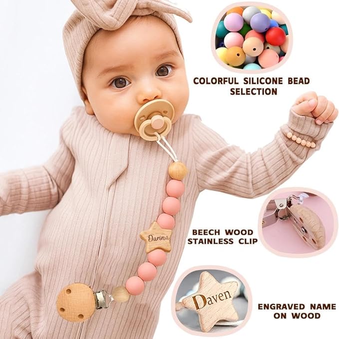 Personalized Pacifier Clip with Name, Wooden Star Baby Pacifier Holder Gift for Boys Girls Boho Style
