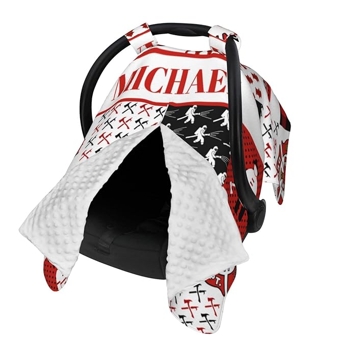 Personalized Baby Car Seat Canopy for Babies with Name, Custom Fire Truck Car Seat Covers for Boys Girls, Opening Minky Nursing Breastfeeding Stroller Cover Carseat Canopies for Infant Newborn