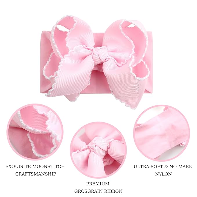 6'' Jumbo Pink Baby Girls Bow Headbands, Handmade Grosgrain Moonstitch Boutique Baby Headwraps, Super Stretchy Soft Nylon Headbands for Newborns, Infants & Toddlers
