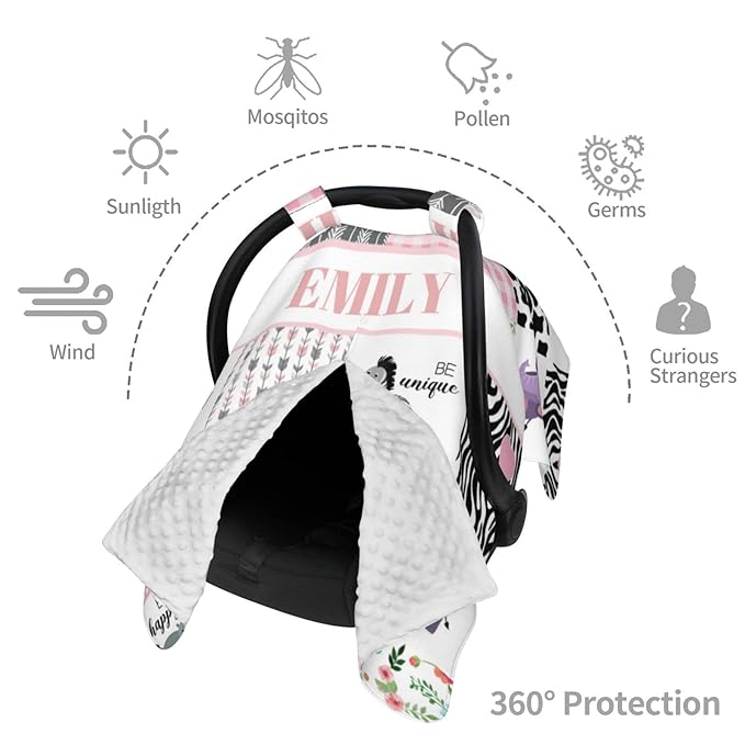 Personalized Baby Car Seat Canopy for Babies, Custom Name Car Seat Covers for Girls, Opening Minky Nursing Breastfeeding Cover for Infant, Carseat Canopies for Newborn (Zoo Animals)