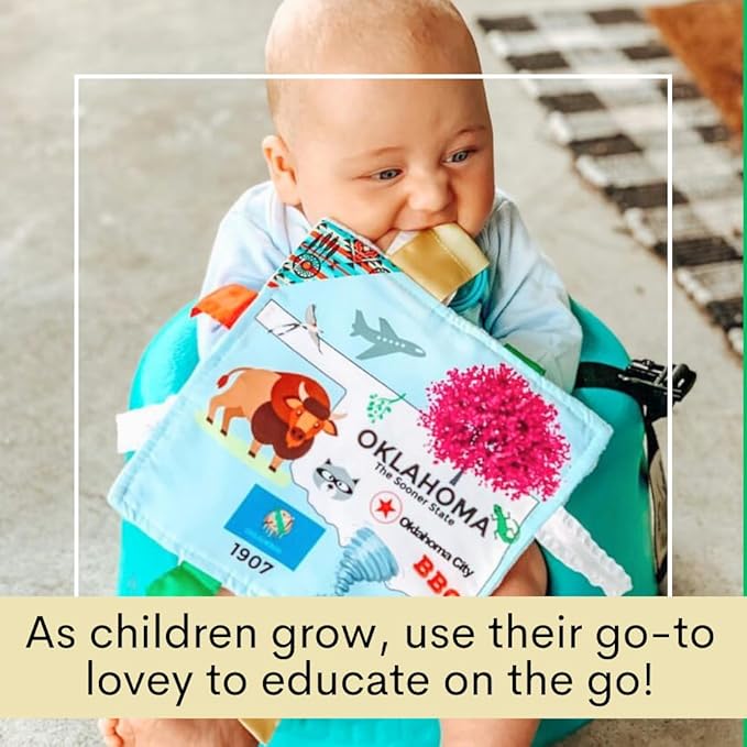 Baby Jack & Co 8x8” Learning Lovey Oklahoma State Tag Stroller Toy for Babies - Crinkle Toys for Developing Five Senses - Learn About Capitals - Travel with Baby Jack - BPA Free w/Stroller Clip