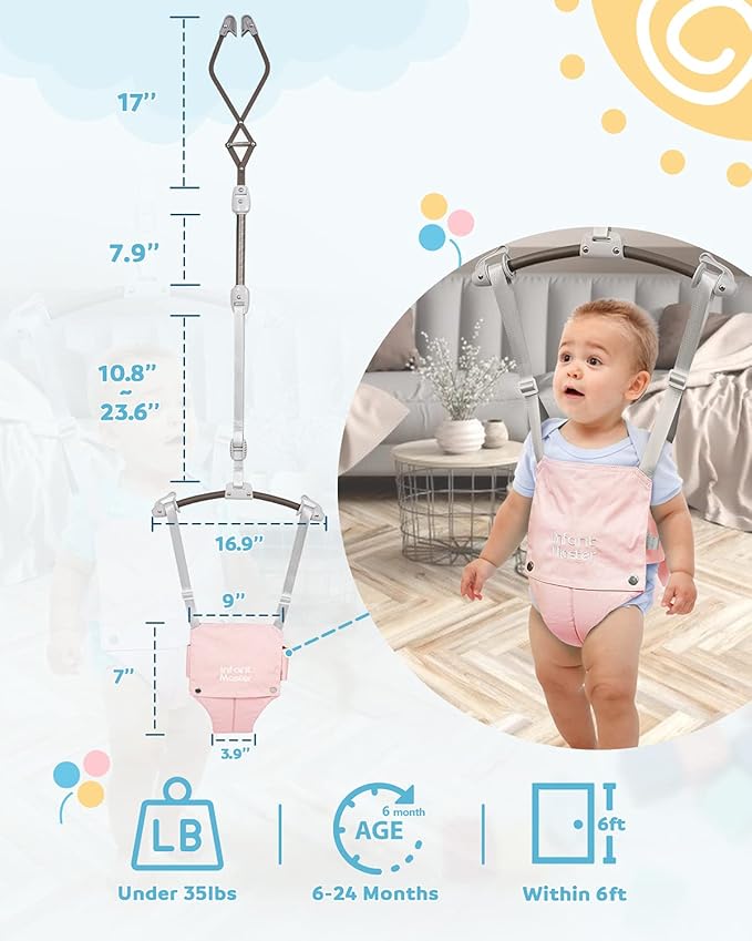 Infant Master Doorway Jumper, Durable Bumper Jumper w/Adjustable Height, Funny Baby Doorway Swing Bouncer w/Seat Bag, Popular Gift for Infant & Toddler, Portable and Free Installation, Pink
