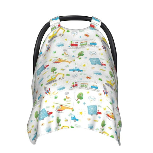 Personalized Trucks and Planes Baby Infant Car Seats Canopy for Babies with Name, Vehicle Theme Lightweight Covers for Baby Boys Girls, Minky Nursing Breastfeeding Stroller Cover for Newborn