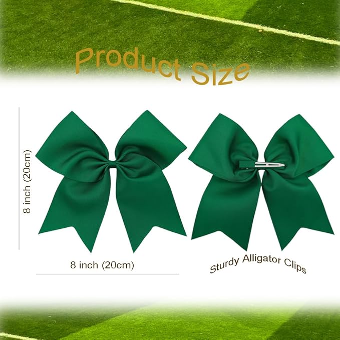 Pack of 2 Dark Green Jumbo Cheer Bow Hair Clips for School Girls Cheerleader Bows 8'' Dancing Softball Basketball Cheerleading Team Hair Accessories