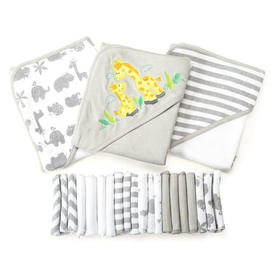 Spasilk 23-Piece Soft Terry Hooded Bath Towel and Washcloth Gift Set, 3 Baby Towels and 20 Baby Washcloths for Unisex Newborn Bath Essentials, Ideal, Gray Giraffe Safari