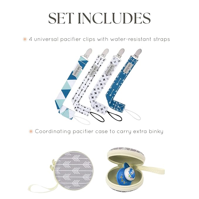 Dodo Babies Pacifier Clip Set - Universal Holder & Pacifier Holder - Detachable Binky Case & Binky Clip - Durable Polyester Straps - 5-Piece Set, Blue/White/Grey Geo Prints