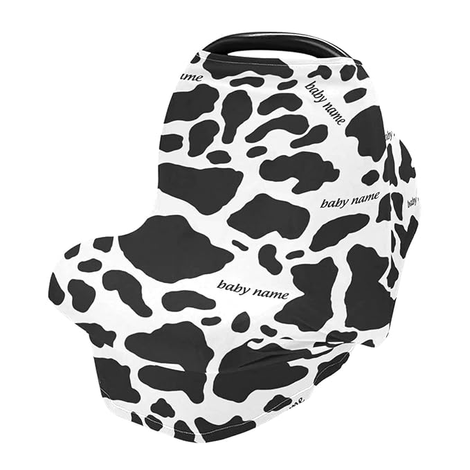 Personalized Baby Car Seat Cover for Babies, Custom Name Baby Car Seats Canopy for Boys Girls, Nursing Breastfeeding Stroller Covers for Infant Newborn, Shower Gift (Cow Print Black)