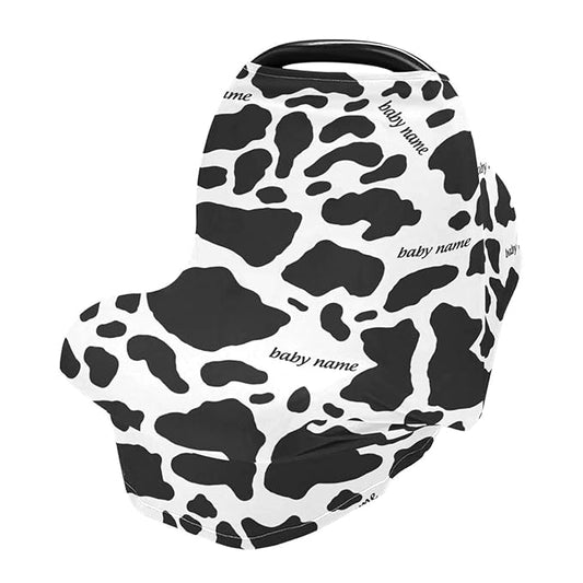 Personalized Baby Car Seat Cover for Babies, Custom Name Baby Car Seats Canopy for Boys Girls, Nursing Breastfeeding Stroller Covers for Infant Newborn, Shower Gift (Cow Print Black)
