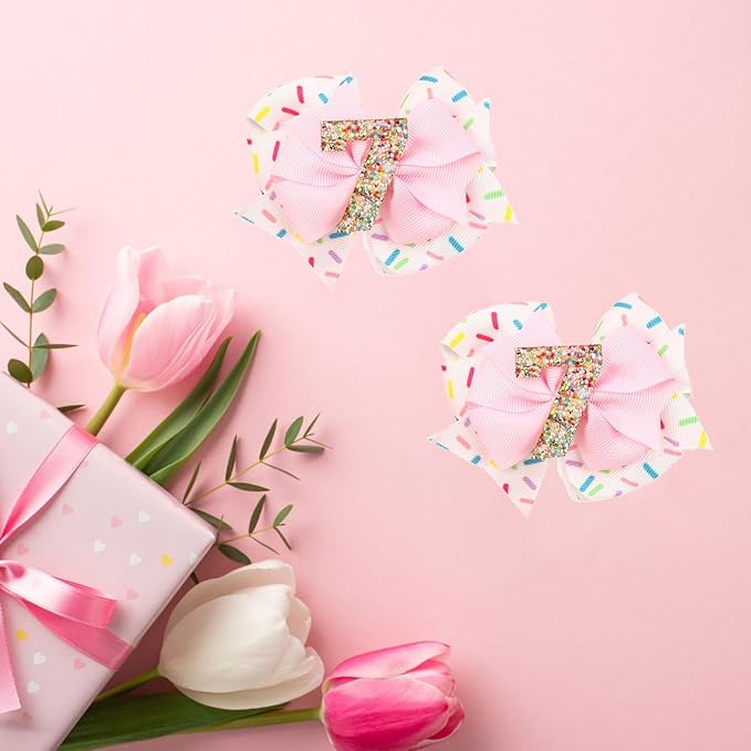 Birthday Hair Bow for Baby Girls - 2Pcs Pink Sprinkle Hair Clips for 7th Birthday Glitter Ice Cream Baby Bow Party Decorations for Girls Toddlers Hair Accessories (Pink-7 Years-Clips)