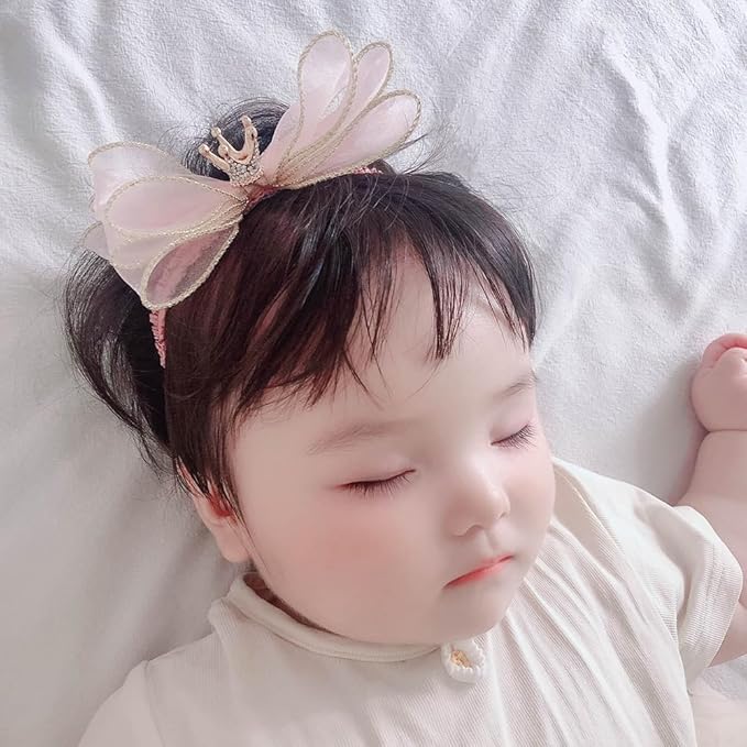 Cute Baby Girl Headband with Lace Bow and Crown Elastic Lace Bow Hair Band Newborn to Toddler Hair Accessory Shower Birthday Party Gift (Pink, Free)