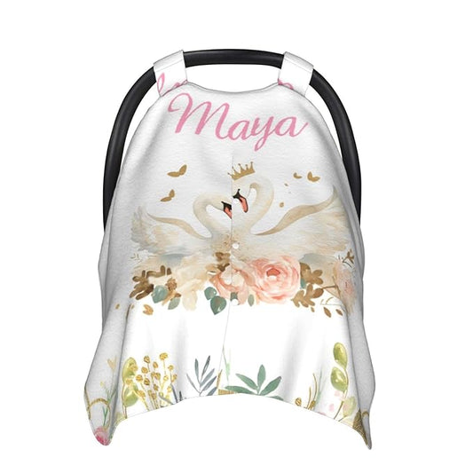 Personalized Baby Car Seat Canopy for Babies, Custom Name Car Seat Covers for Baby Girls, Floral Swan Opening Minky Nursing Breastfeeding Cover for Infant, Carseat Canopies for Newborn