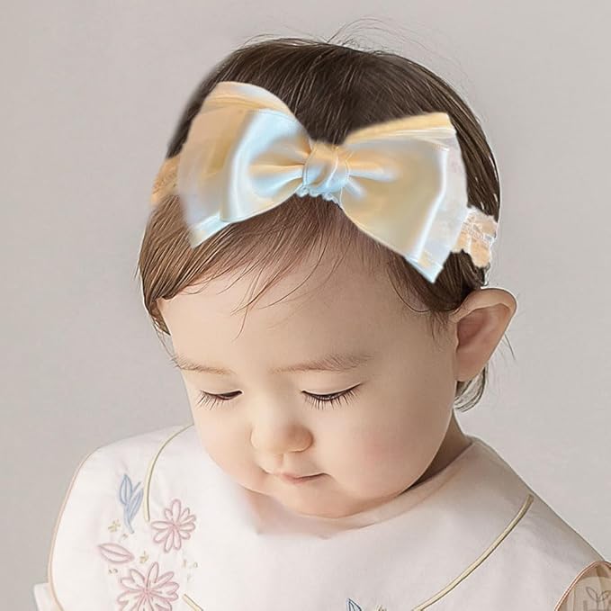 Cute Baby Girl Lace Headband Lace Bow Hair Accessories Elastic Bow Head Wrap for Newborn Infant Toddler Christening Baptism Party Hair Accessories for 0-36 Months (Ivory E, Free)