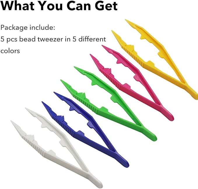 10Pcs Plastic Tweezers for Fine Motor Skills, Sensory Bins & Jewelry Making - Non-Slip Grip Bead Sorting Tools with Assorted Colors (White, Pink, Blue, Green, Yellow) (5 Colors 10Pcs)