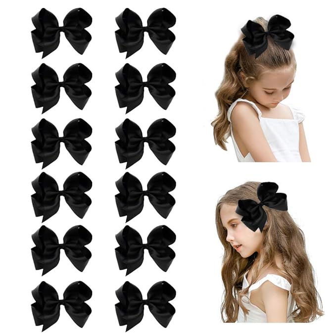 DEEKA 12 PCS 6" Big Hand-made Grosgrain Ribbon Hair Bow Alligator Clips Hair Accessories for Little Teen Toddler Girls - Black