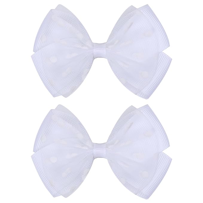 Tiny 3 Inch Dot Organza Double Hair Bow Clips - Cute Lined Boutique Alligator Hairpin for Girls, Toddlers, and Little Teens - Kids Barrettes Set of 2 Small Stylish (White)