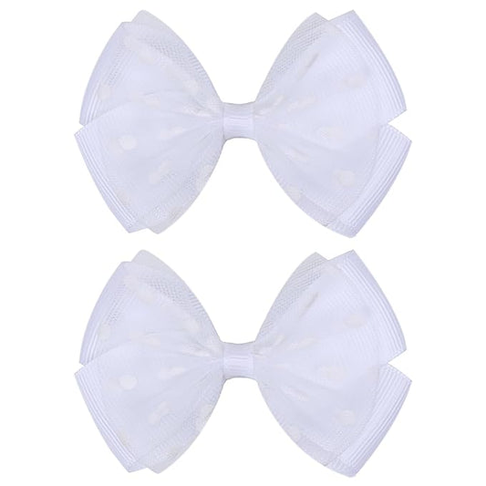Tiny 3 Inch Dot Organza Double Hair Bow Clips - Cute Lined Boutique Alligator Hairpin for Girls, Toddlers, and Little Teens - Kids Barrettes Set of 2 Small Stylish (White)