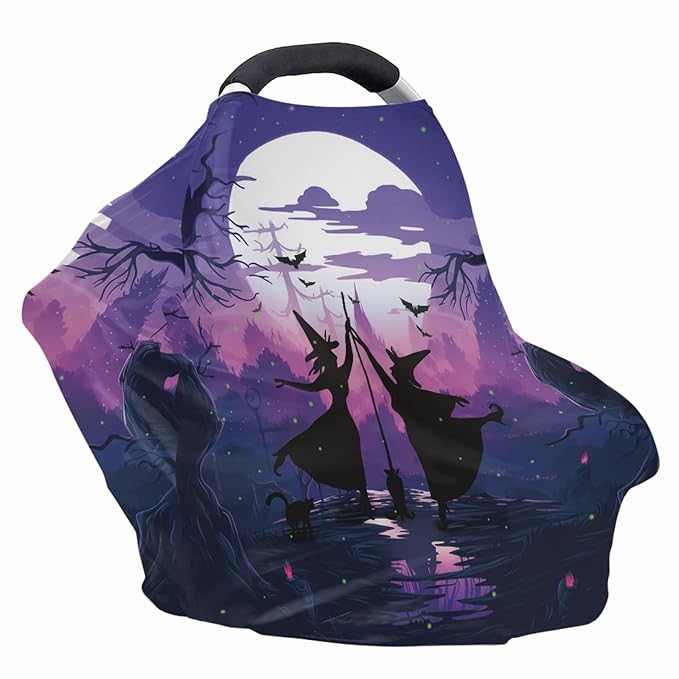 Coldinair Halloween Witch Print Nursing Cover for Breastfeeding - Purple Sunset Branch and Bats Pattern Nursing Carseat Canopy Cover for Baby Boys Girls