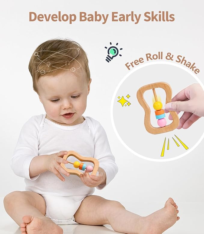 6 PCS Wooden Baby Rattle, Organic Colorful Baby Hand Rattles Set, Wood Rattles for Babies 0-6-12 Months, Wooden Teether Crochet Rattle Toy for Newborn Infant, Montessori Toys for Babies 0-6 Months