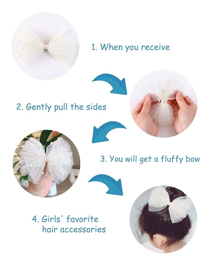4PCS Ivory Tulle Hair Bows for Toddler Girls Cute Pearls Hair Clips Sweet Flower Girl Hair Accessories for First Communion Party Daily Wearing
