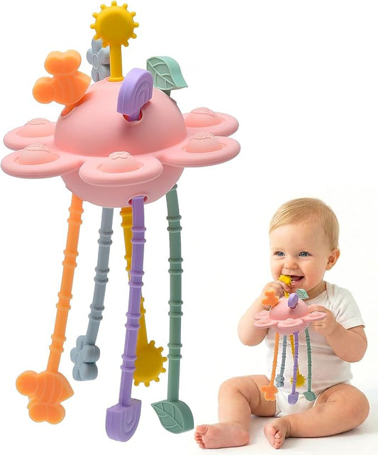 Silicone Baby Sensory Pull String Toy for 18+ Months, Montessori Toys for Toddlers, Sensory Activity Travel Toy for Airplane Car Seat Stroller, Fine Motor Skills Early Learning Gift (Light Pink)