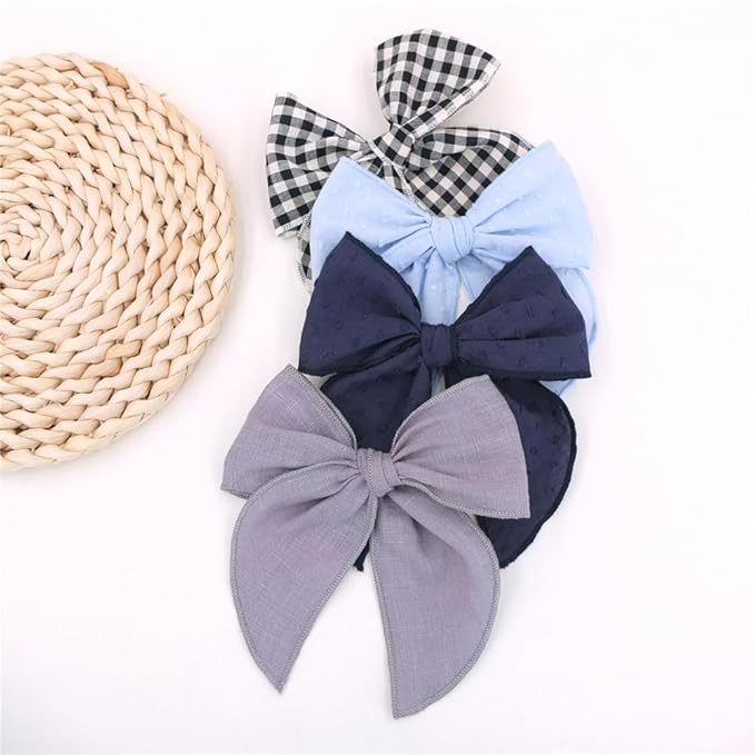 Pack of 4 Gorgeous Fable Bow Hair Clips for Girls Women Linen Hair Bow Alligator Clips Toddler Baby Mom Young Girl Hair Accessories (Grey/Navy)