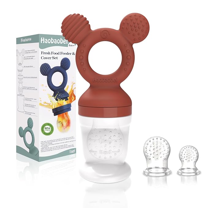 Baby Fruit Feeder, Frozen Teething Toys for Babies, Teether Pacifier with 3 Extra Teats, Eating Essentials, BPA Free Baby Feeding Supplies (Copper)