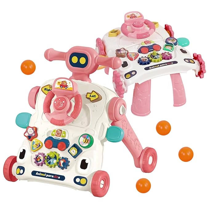 Asou Baby Walker 3 in 1 Sit to Stand Walker With Activity Table and Center for Newborn Toddler (Pink)