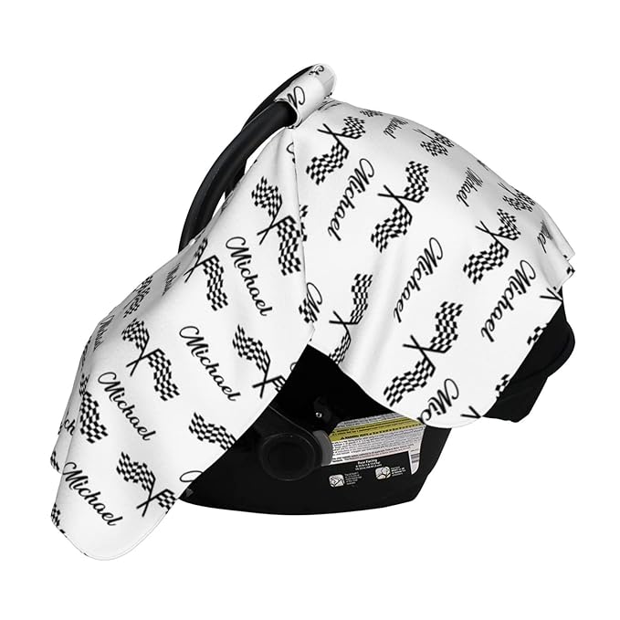 Personalized Racing and Race Flag Baby Car Seat Canopy for Babies with Name, Custom Car Seat Covers for Girls, Peekaboo Opening Minky Nursing Breastfeeding Cover Infant Car Seat Canopies for Newborn