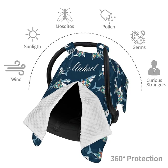 Personalized Baby Car Seat Canopy for Babies with Name, Custom Cute Shark Stroller Car Seat Covers for Boys Girls, Nursing Carseat Cover for Breastfeeding, Car Seat Canopies for Infant Newborn