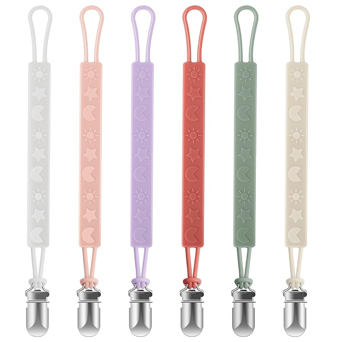 Silicone Pacifier Clip Holder for Baby Girls and Boys, Pack of 6 Soft Flexible Paci Binky Clips with One Piece Design