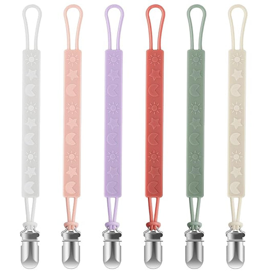 Silicone Pacifier Clip Holder for Baby Girls and Boys, Pack of 6 Soft Flexible Paci Binky Clips with One Piece Design