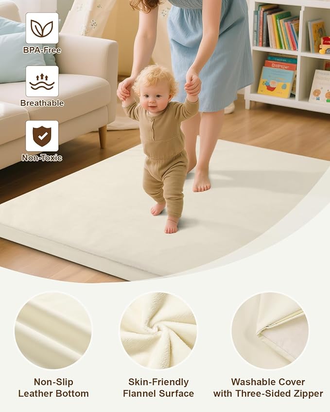 Baby Play Mat for Floor,1.2"Thick Padded Foam 50x50 playpen mat, Soft Velvet&Non-Slip Leather,Removable&Washable Cover,Nursery Rug for Baby Crawling,Toddlers,Infants,kids,Yoga,Tatami,Beige