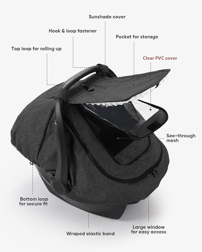 TinlyFinly Waterproof Car Seat Cover for Baby, 2-Layer Car Seat Rain Cover with Clear Window & Sunshade & Mesh Cover, Universal Infant Carseat Canopy for Stroller, Protect from Rain and Snow - Black