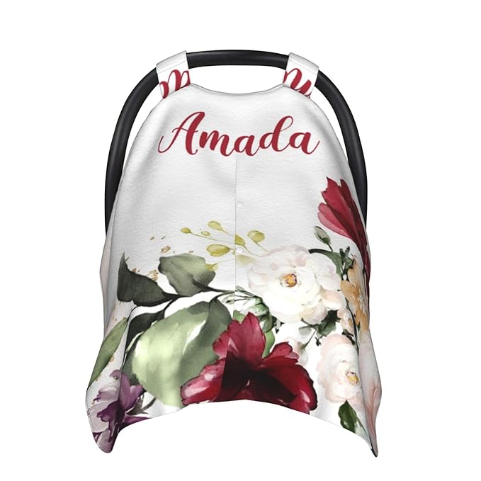 Personalized Baby Car Seat Canopy for Babies, Custom Name Car Seat Covers for Baby Girl, Floral Red and Pink Opening Minky Nursing Breastfeeding Cover for Infant, Carseat Canopies for Newborn