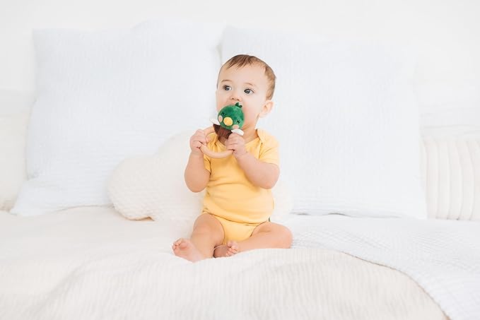 Pearhead Mallard Duck Wooden Baby Teether – Soft Plush Lovey with Natural Wood Rattle Ring, BPA & PVC-Free, Soothes Infant Gums, Multi-Sensory Newborn Essential for Boys, 0+ Months