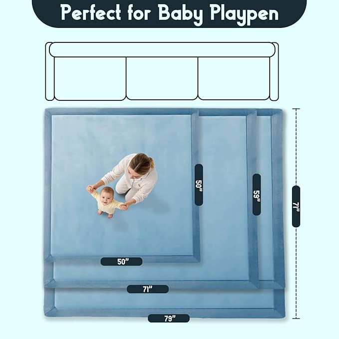 Baby Play Mat for Floor, 1.3 Inch Thick Memory Foam Tummy Time Mat with Non Slip Backing, Soft Coral Velvet 59X79 Inch Playpen Mat Crawling Tatami for Infants Toddlers Kids, Midnight Blue