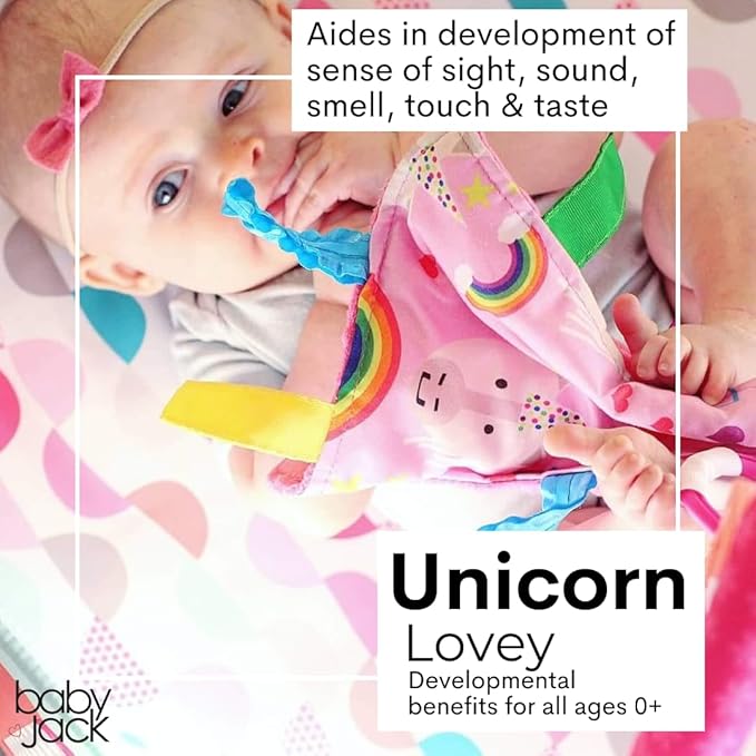 Baby Jack & Co 8x8 Unicorn Lovey Tag Toys for Babies with Crinkle Sensory Development - Soft & Safe Soother for Learning Shapes & Colors - BPA Free with Stroller Clip