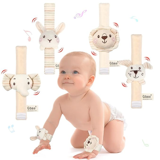 4 Pieces Baby Wrist Rattles Animal Pattern Newborn Rattle Foot Rattles Toy for Babies Boy Girl Infant Birthday Gifts Educational Toys, 4 Designs (Rabbit Dog Lion Elephant)