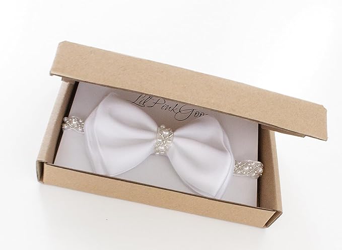 0-12 Newborn Baby Baptism Pearl Headband or Clip with Bow in WHITE Christening Headband with Satin Bow, Pearl Rhinestone Band (White(6-12Months), 1 Count (Pack of 1))