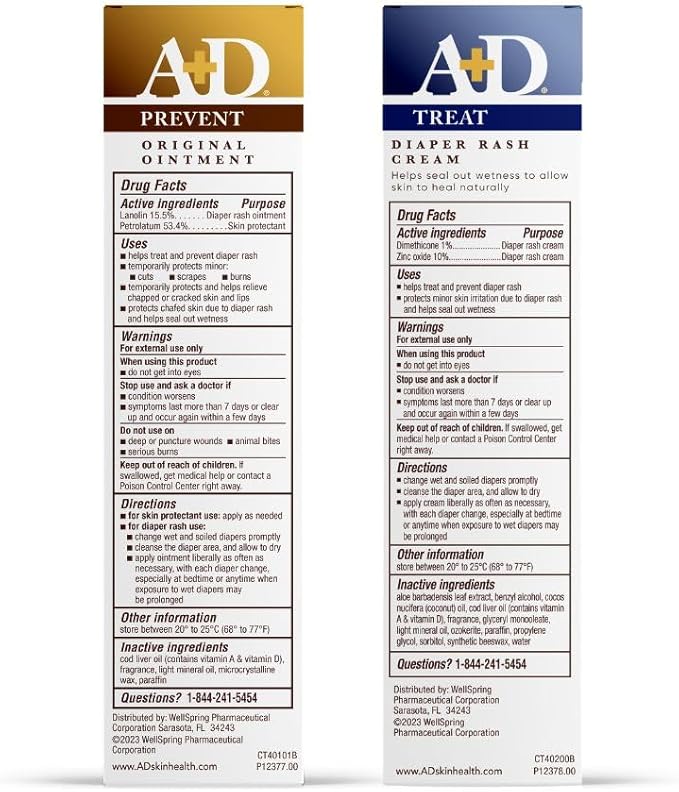 A+D Original Diaper Ointment + Cream 4 oz. Variety Pack - Prevents & Treats Rash, Moisturizing Skin Protectant with Vitamins A & D