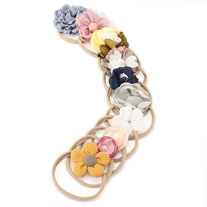 DRESHOW BQUBO Baby Girl Headbands with Flower Nylon Hairbands Handmade Hair Accessories for Newborn Infant Toddlers 10 Pack