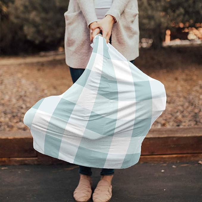 Aqua Blue White Plaid Car Seat Covers for Babies, Modern Geometric Checkered Lattice Nursing Breastfeeding Covers Stretchy Breathable Baby Carseat Canopy Cover for Girls and Boys Shower Gifts