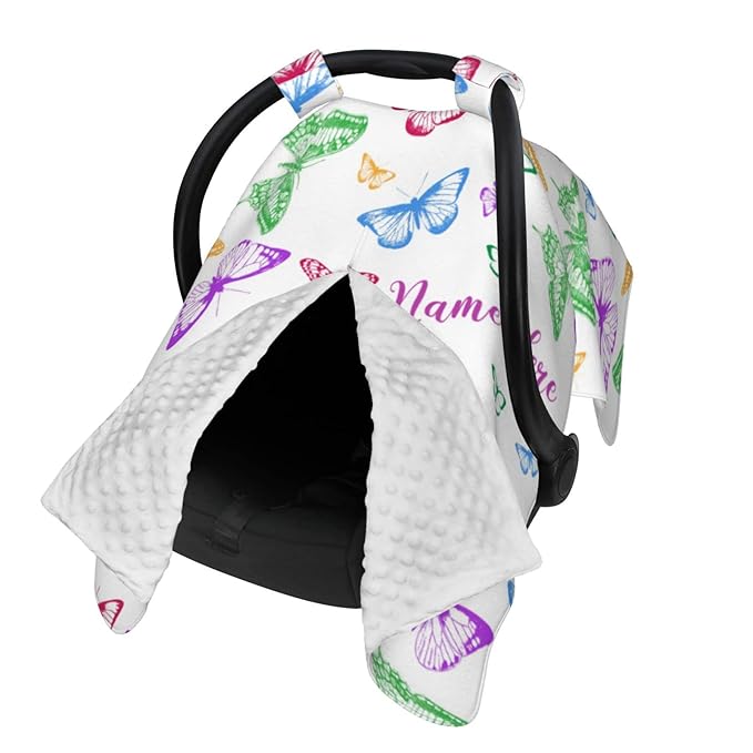 Personalized Colorful Butterfly Baby Car Seat Canopy for Babies with Name, Custom Car Seat Covers for Baby Girls, Peekaboo Opening Minky Nursing Cover Infant Car Seat Canopies for Newborn