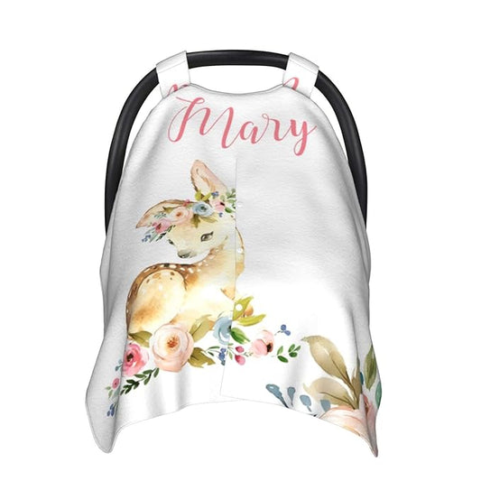 Personalized Baby Car Seat Canopy for Babies, Custom Name Car Seat Covers for Baby Girl, Floral Deer Opening Minky Nursing Breastfeeding Cover for Infant, Carseat Canopies for Newborn