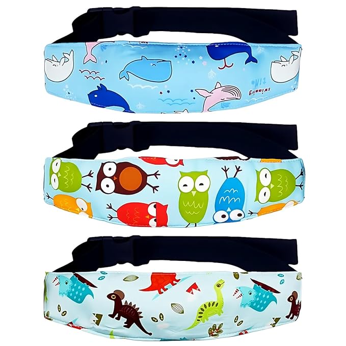 3PCS Head Support Band for Stroller Car Seat Adjustable Neck Relief Strap Headrest for Sleeping Traveling Slumber Positioner for Toddler Kids Child Baby Infant(Blue-Owl,Dolphin,Dinosaur)