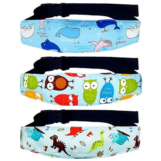3PCS Head Support Band for Stroller Car Seat Adjustable Neck Relief Strap Headrest for Sleeping Traveling Slumber Positioner for Toddler Kids Child Baby Infant(Blue-Owl,Dolphin,Dinosaur)